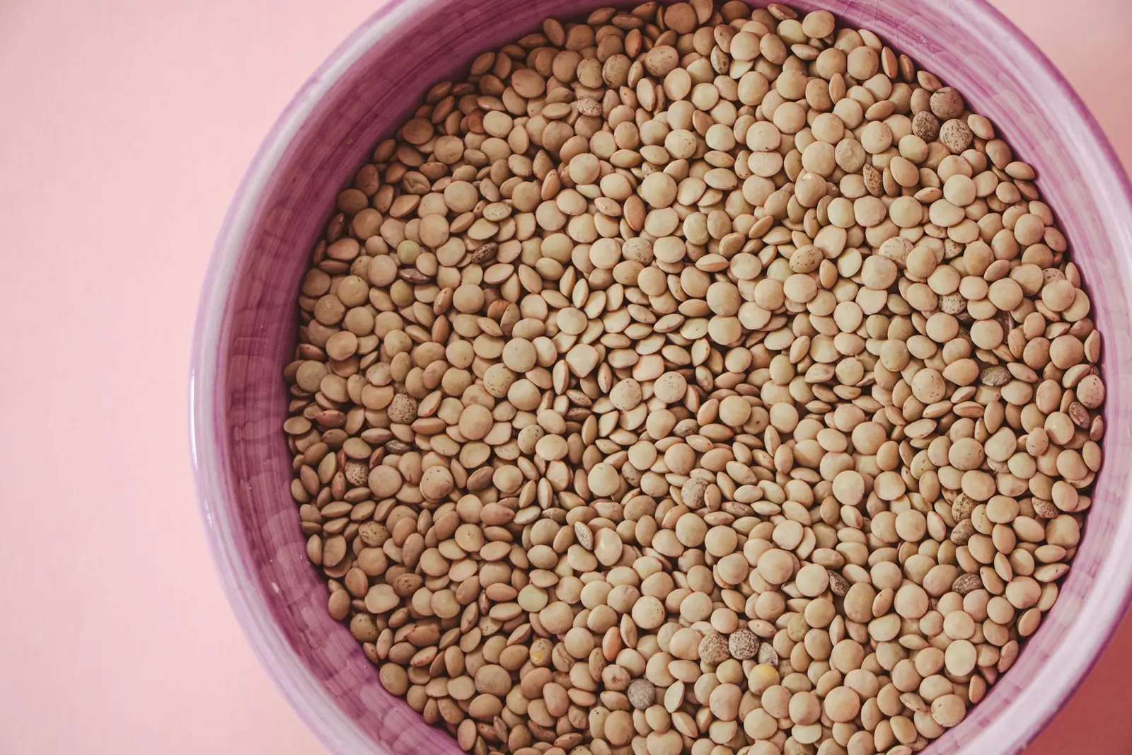 Brown lentils in a pink bowl
