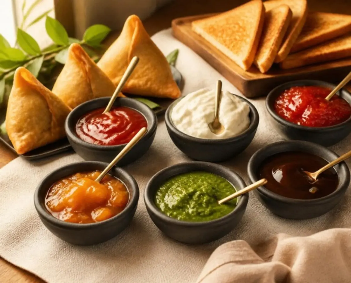 Nitra condiments — mayonnaise, ketchup and chutneys with snacks