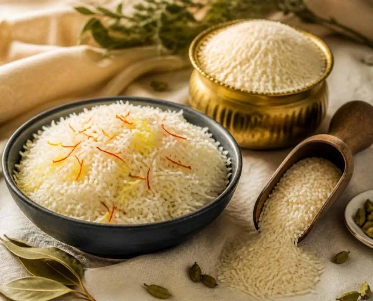 Nitra basmati rice — cooked saffron rice beside raw grain