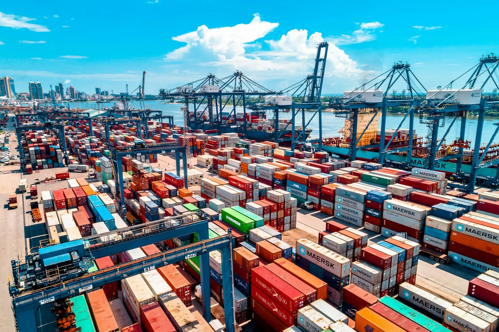 Container terminal with cranes loading export cargo