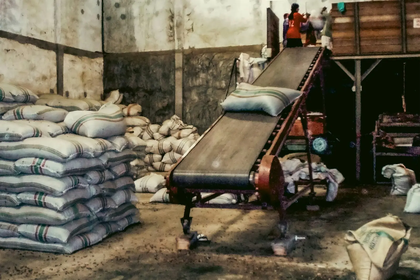 Bagged commodities stacked in a warehouse